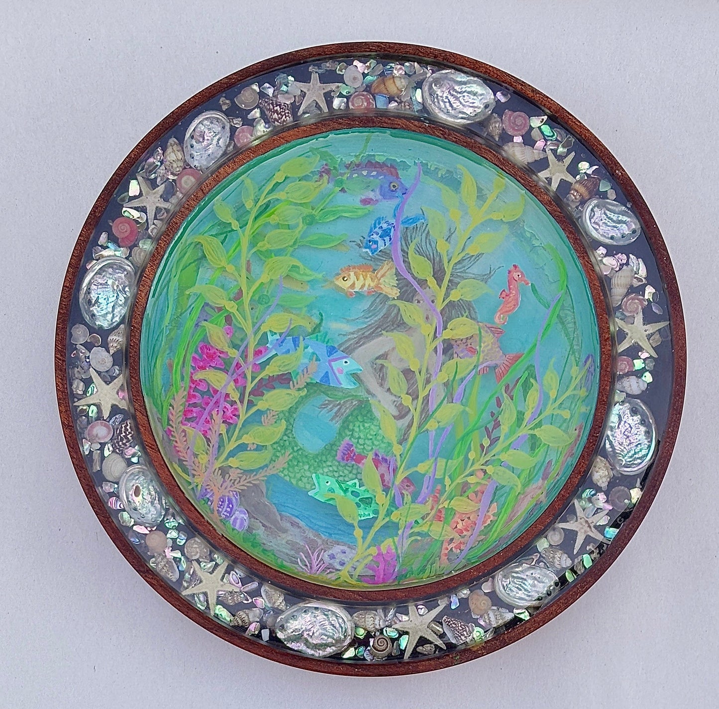 Hand Turned Wooden Dioramas-Porthole Underwater Scene Laughing Moon Consignment Mermaid in Kelp Forest