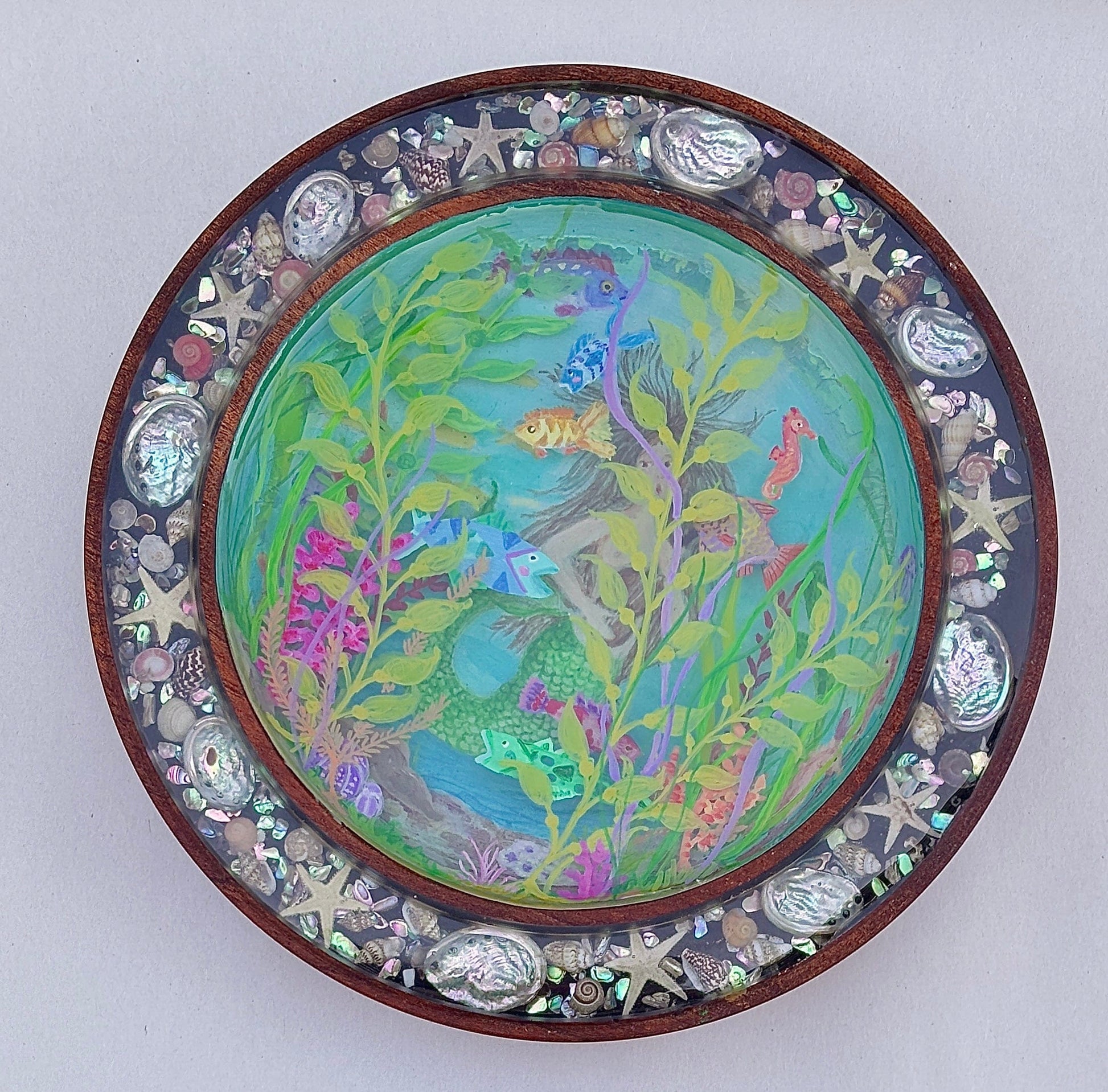 Hand Turned Wooden Dioramas-Porthole Underwater Scene Laughing Moon Consignment Mermaid in Kelp Forest