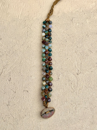 Hand Woven 3-Row Precious Stone Bracelets- Bronze buttons Heidi Duran Inventory Indian Agate wtih Cowry Shell