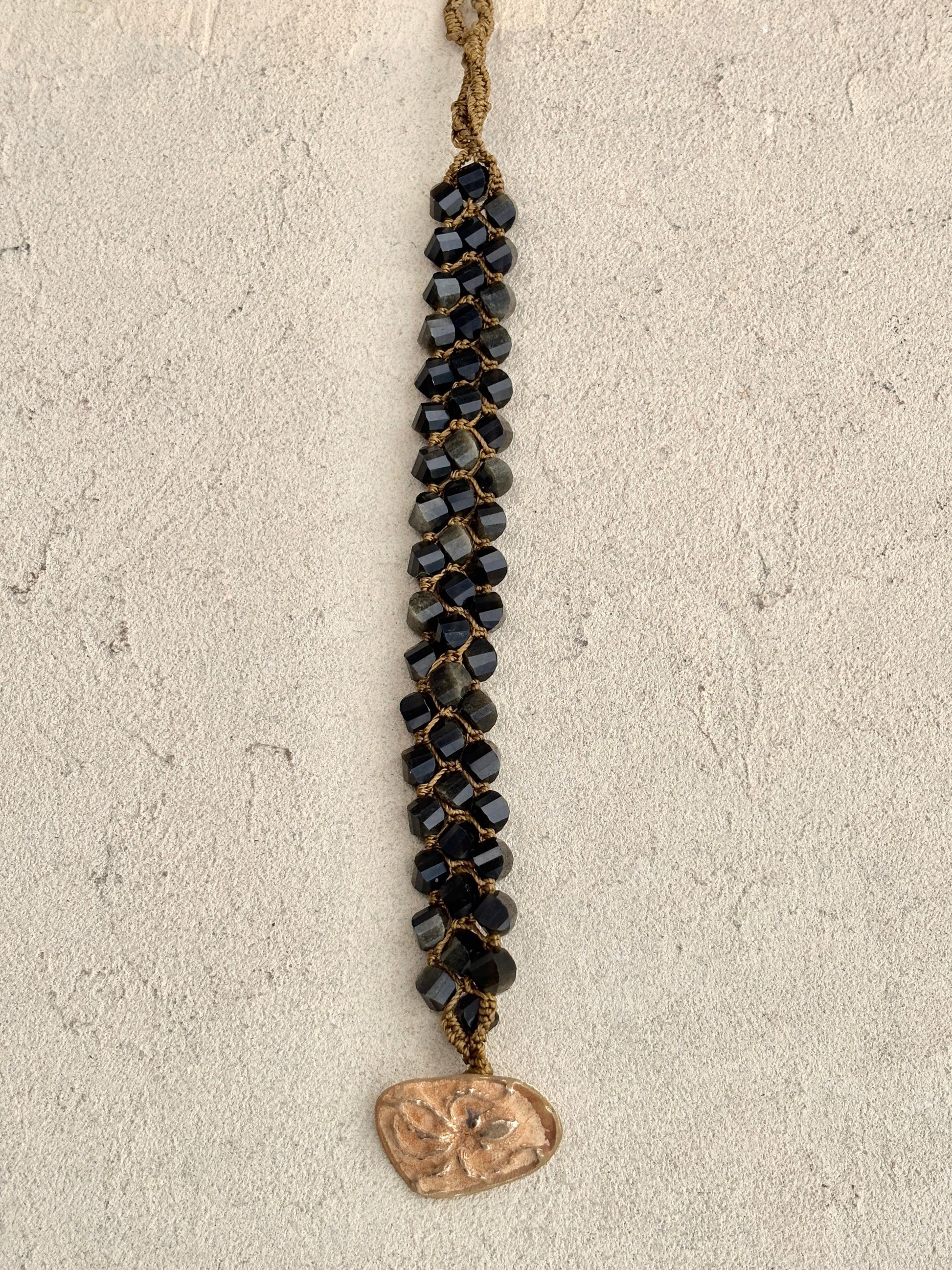 Hand Woven 3-Row Precious Stone Bracelets- Bronze buttons Heidi Duran Inventory Obsidian with Octopus