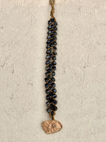 Hand Woven 3-Row Precious Stone Bracelets- Bronze buttons Heidi Duran Inventory Obsidian with Octopus