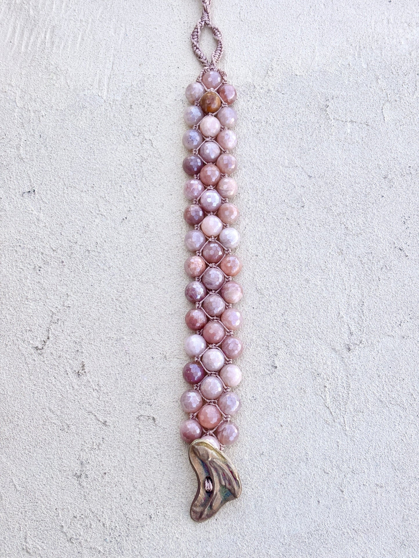 Hand Woven 3-Row Precious Stone Bracelets- Bronze buttons Heidi Duran Inventory Peach Moonstone with Flying Fish
