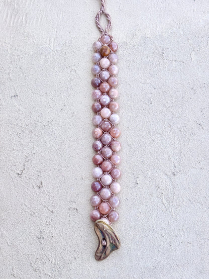 Hand Woven 3-Row Precious Stone Bracelets- Bronze buttons Heidi Duran Inventory Peach Moonstone with Flying Fish