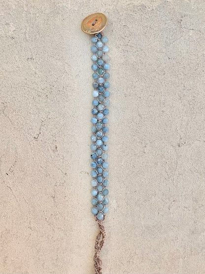 Hand Woven 3-Row Precious Stone Bracelets Heidi Duran Inventory Aquamarine w/Pisces button