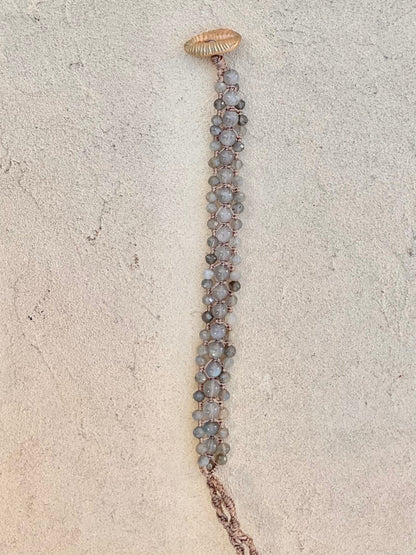 Hand Woven 3-Row Precious Stone Bracelets Heidi Duran Inventory Labradorite w/Cowry Shell button