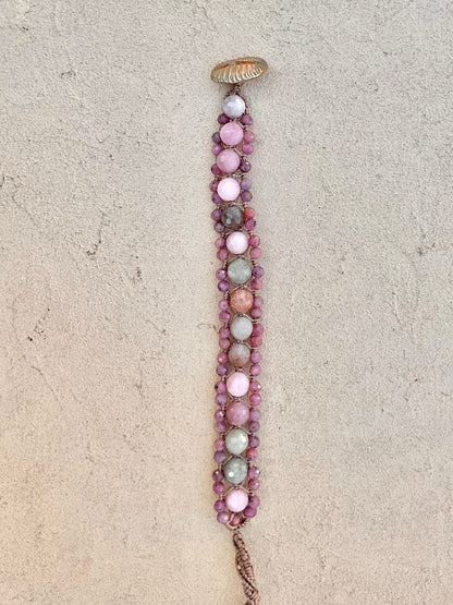 Hand Woven 3-Row Precious Stone Bracelets Heidi Duran Inventory Rhodonite w/Cowry Shell button