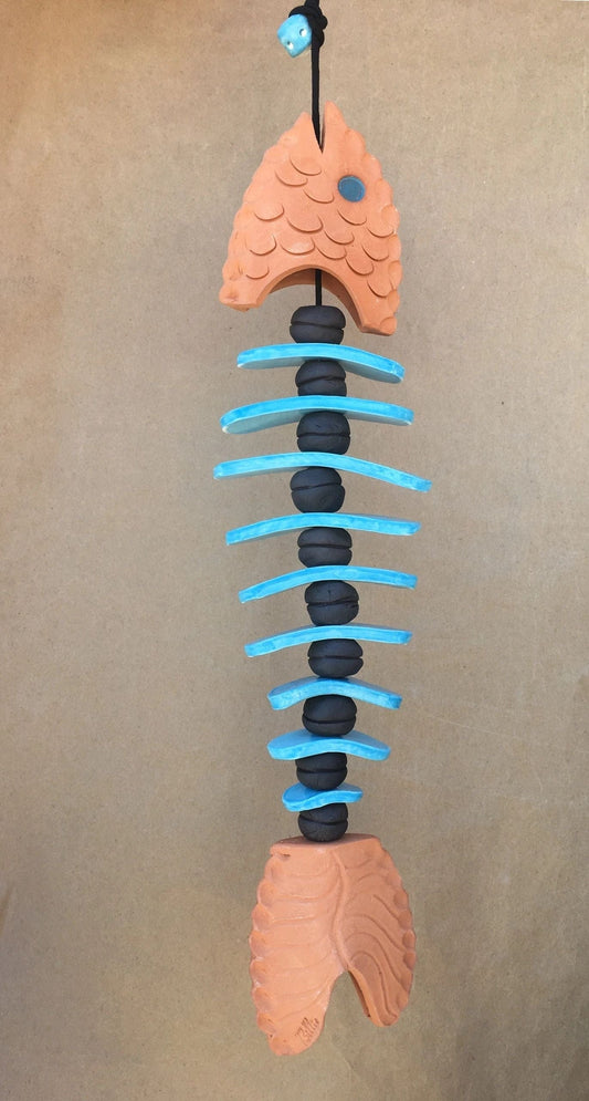 Hanging Ceramic Bone Fish B Sessions Consignment Terracotta Head/Tail and Blue Bones