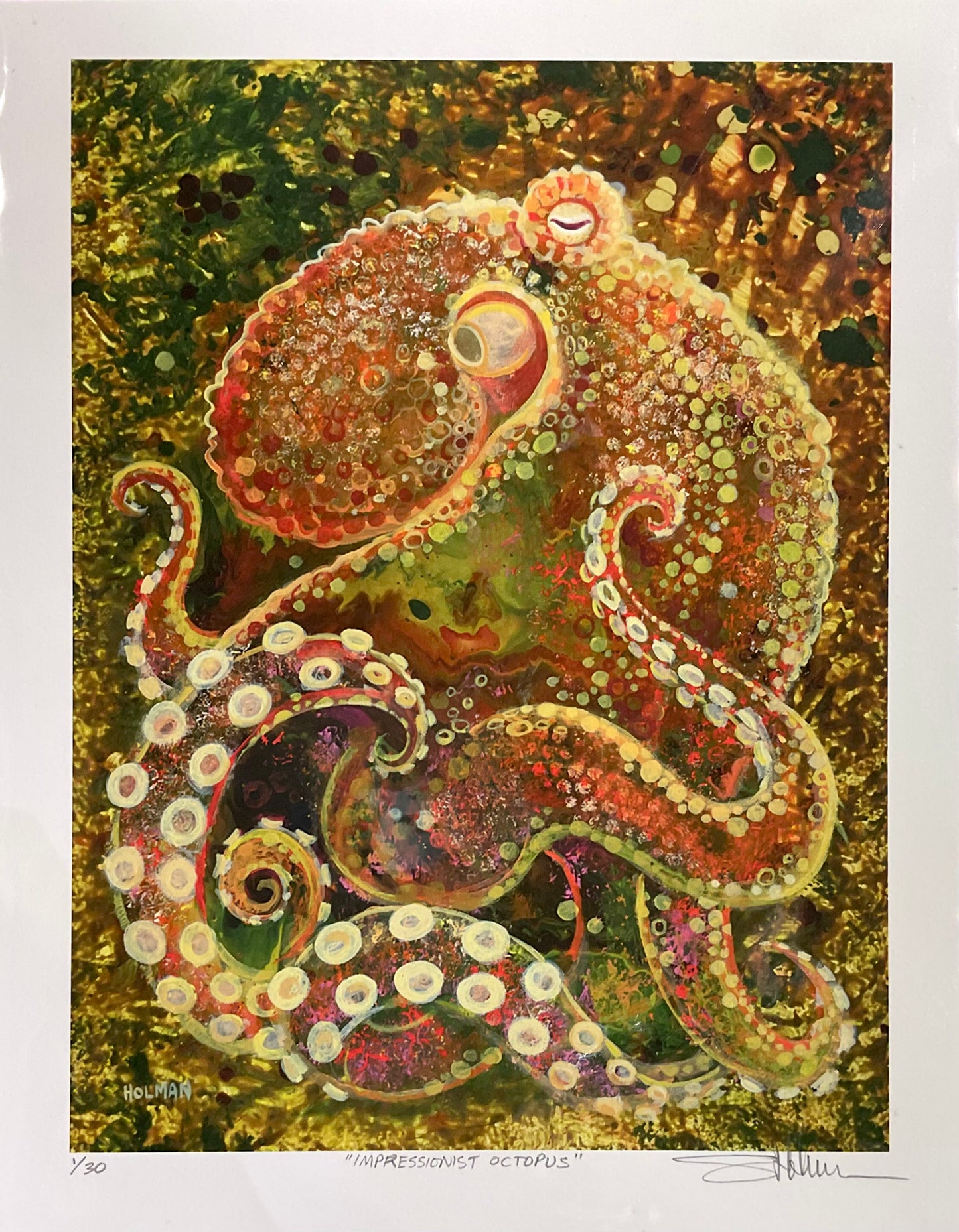 "Impressionist Octopus" Giclee Print in Orange and Greens Stephen Holman Consignment