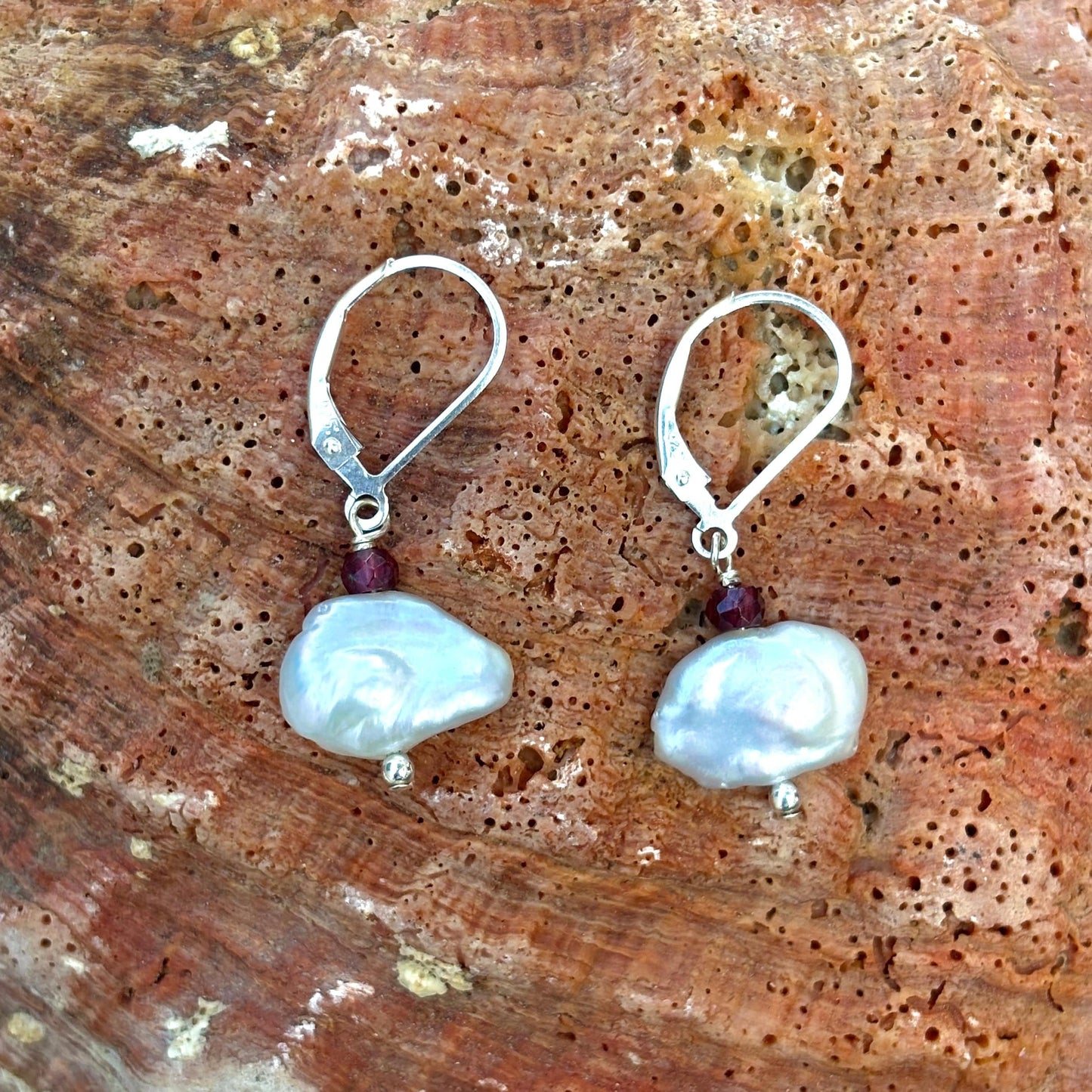 Keishi Nugget Pearl with Semi-precious Stone Earrings - Sterling Amy Jahn Consignment with Garnet