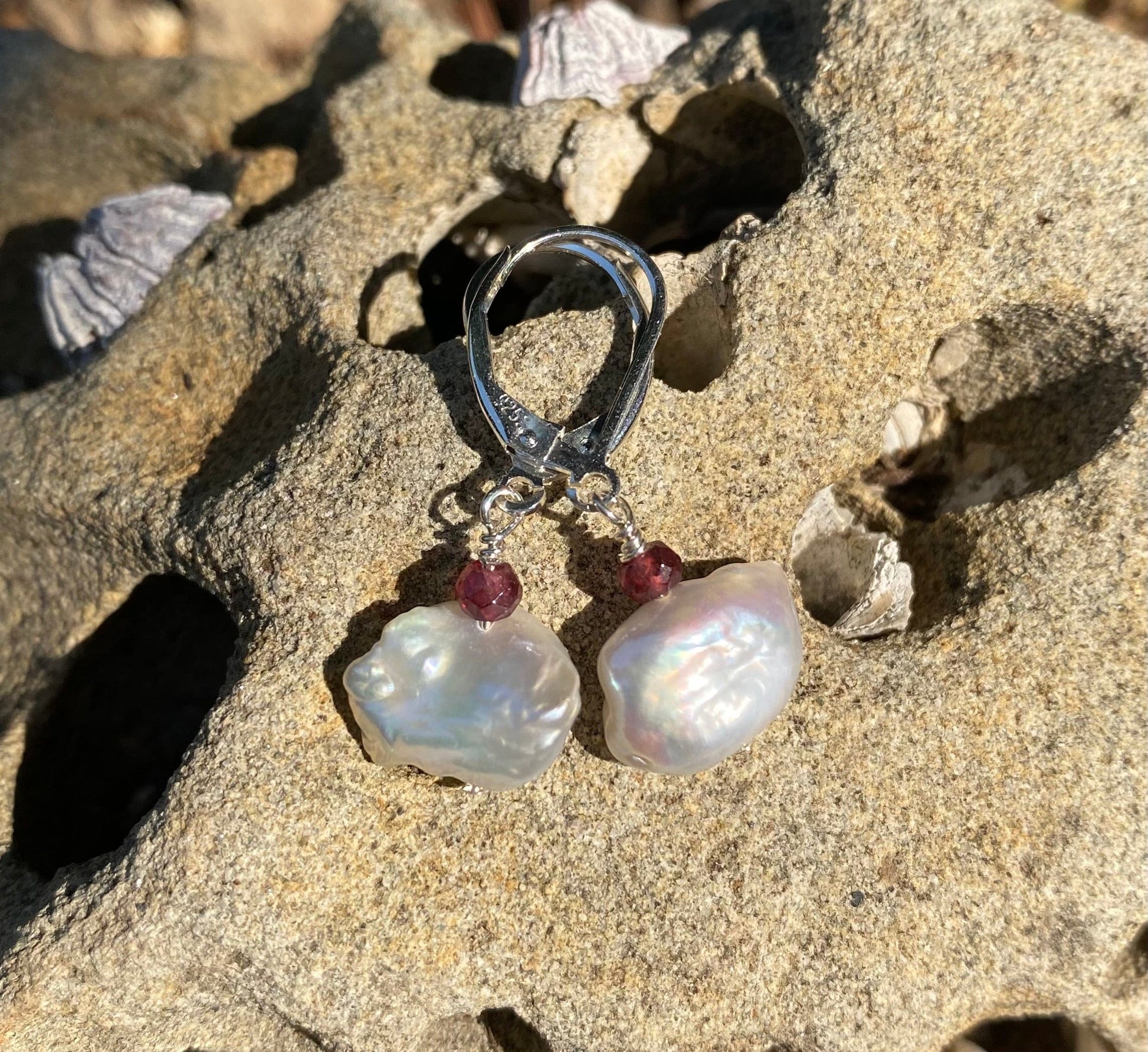 Keshi Nugget Pearl with Semi-precious Stone Earrings - Sterling Amy Jahn Inventory with Garnet