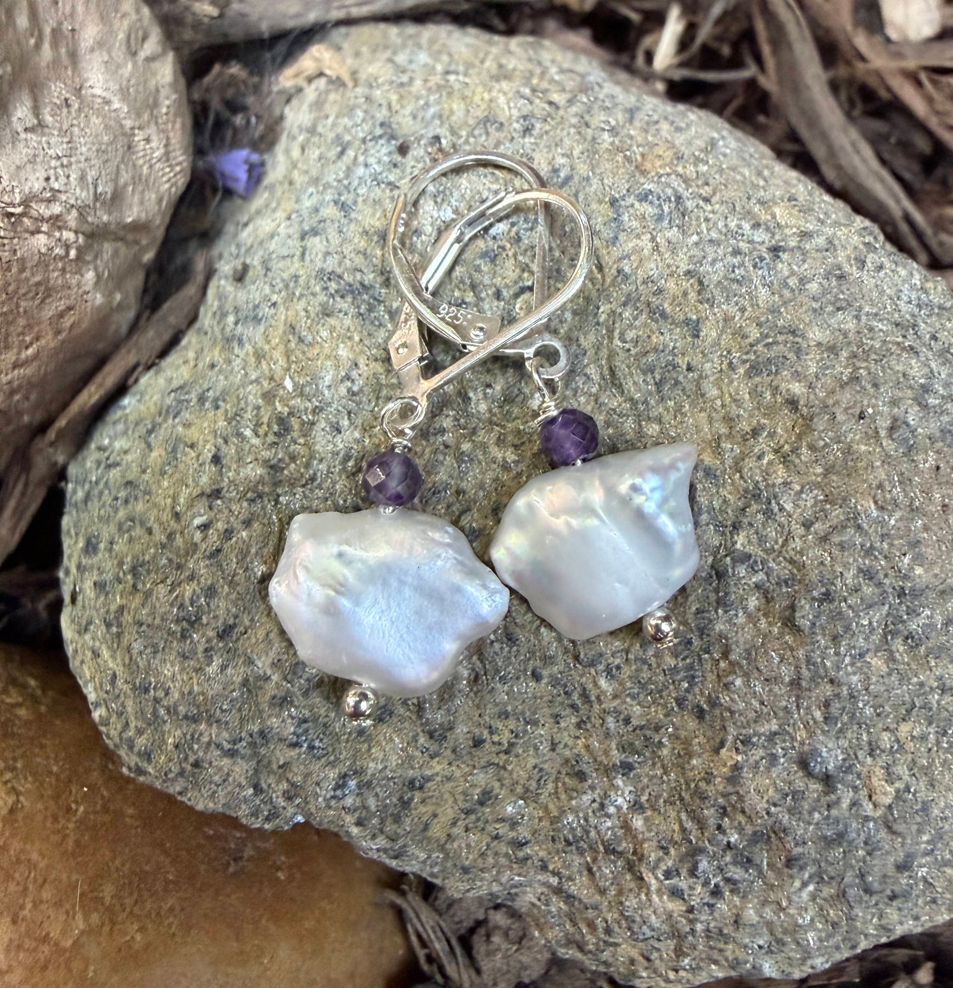 Keshi Nugget Pearl with Semi-precious Stone Sterling Earrings Amy Jahn Consignment with Amethyst