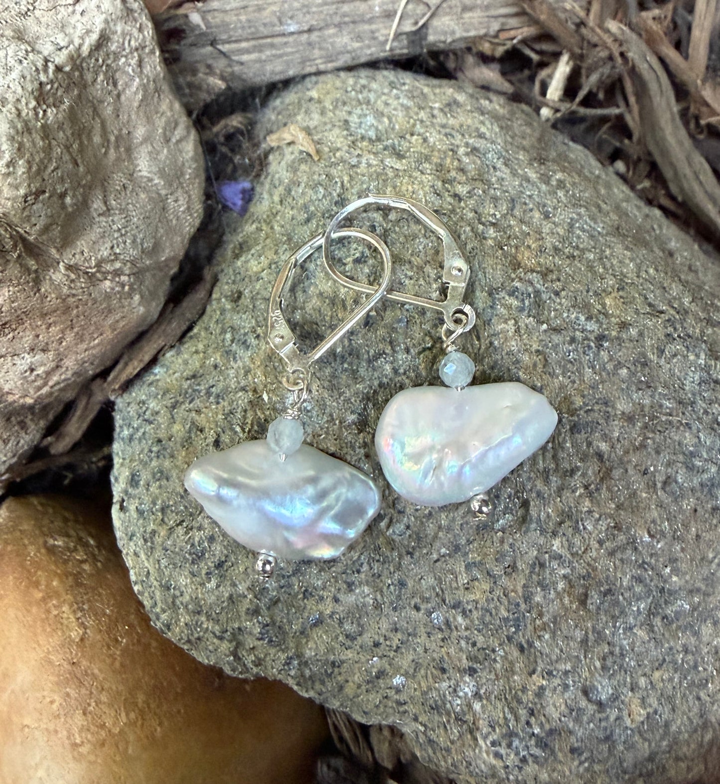 Keshi Nugget Pearl with Semi-precious Stone Sterling Earrings Amy Jahn Consignment with Aquamarine