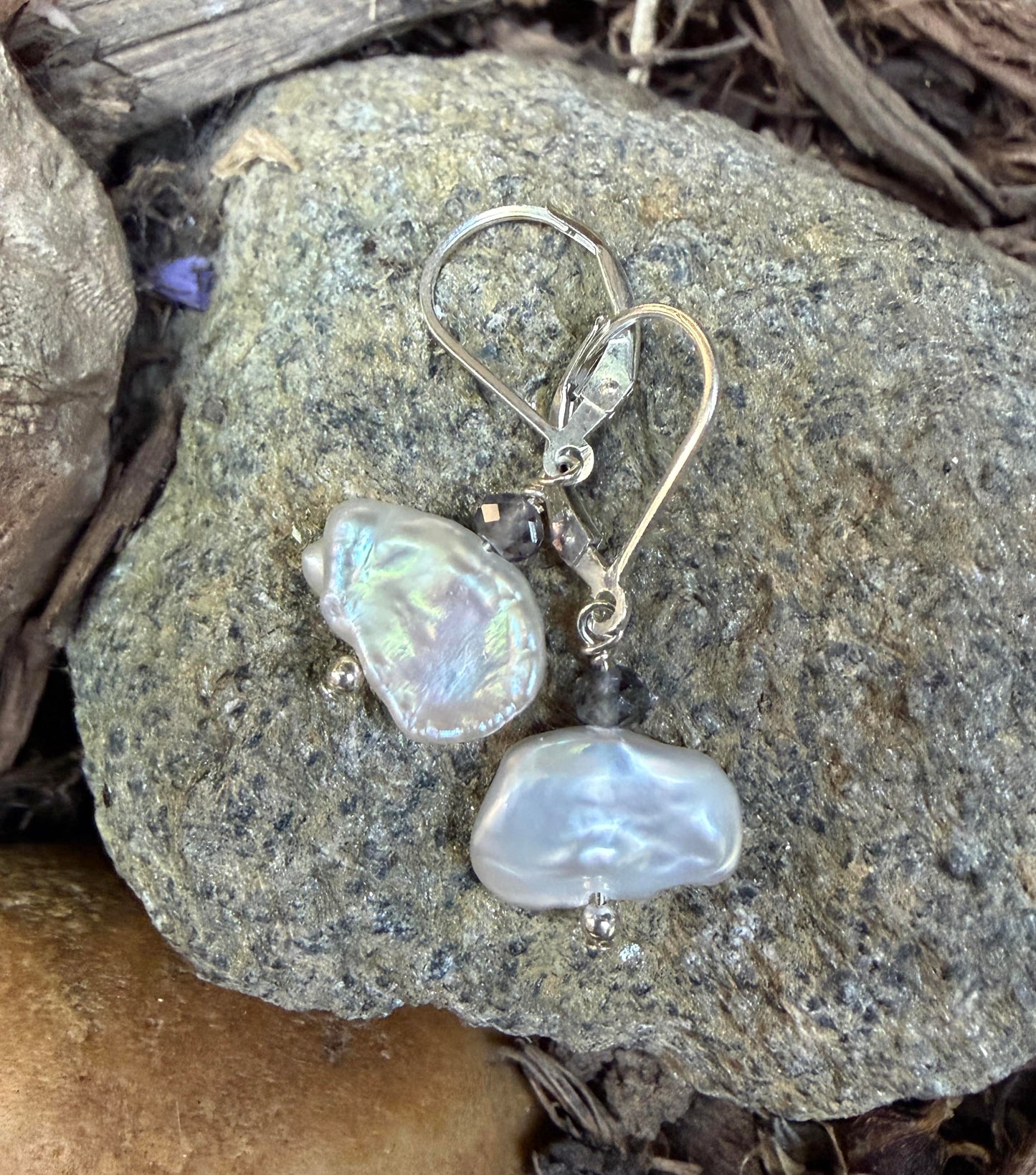 Keshi Nugget Pearl with Semi-precious Stone Sterling Earrings Amy Jahn Consignment with Iolite(top)