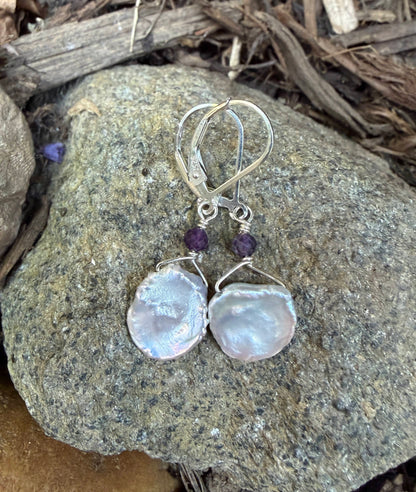 Keshi Pearl with Semi-precious Stone Sterling Earrings Amy Jahn Consignment with Amethyst
