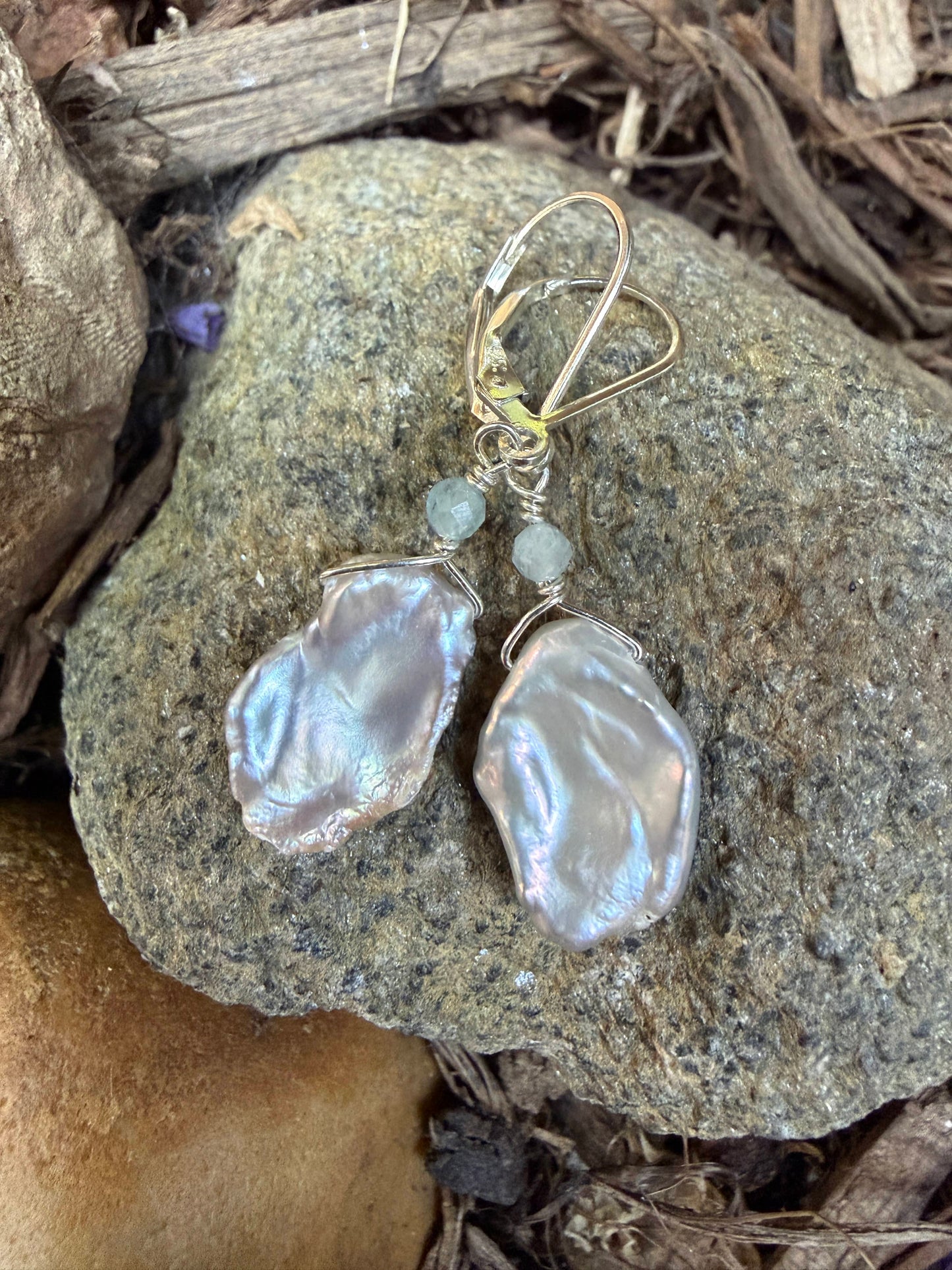 Keshi Pearl with Semi-precious Stone Sterling Earrings Amy Jahn Consignment with Aquamarine