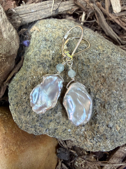 Keshi Pearl with Semi-precious Stone Sterling Earrings Amy Jahn Consignment with Aquamarine