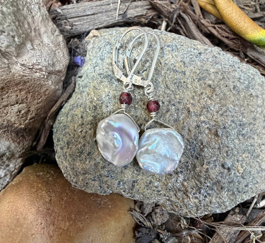 Keshi Pearl with Semi-precious Stone Sterling Earrings Amy Jahn Consignment with Garnet
