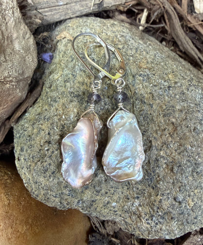 Keshi Pearl with Semi-precious Stone Sterling Earrings Amy Jahn Consignment with Iolite