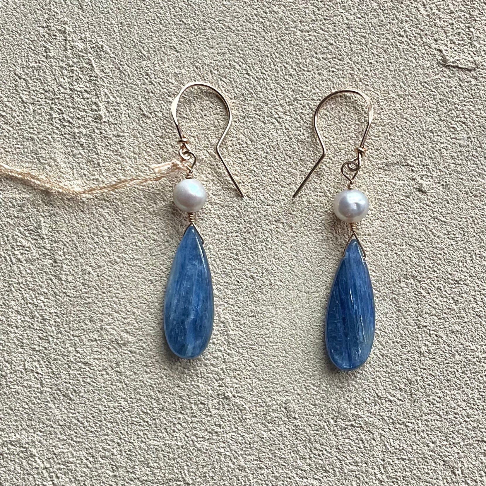 Kyanite 14K GF Earrings Elise Peters Inventory 2 1/8" Fresh Water Pearl and Kyanite