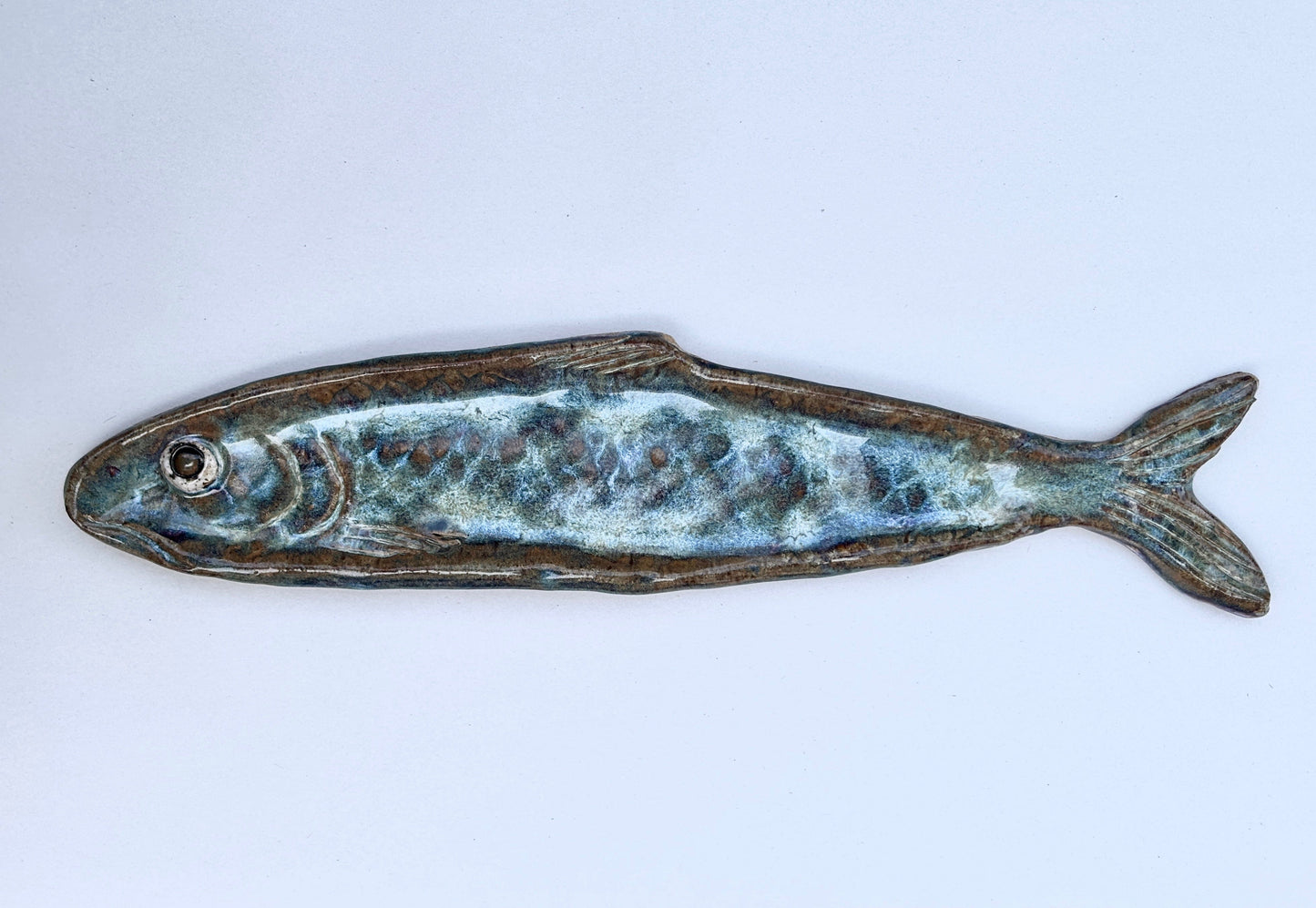 Large Ceramic Sardine Dish Heidi Duran Consignment Blue - facing left