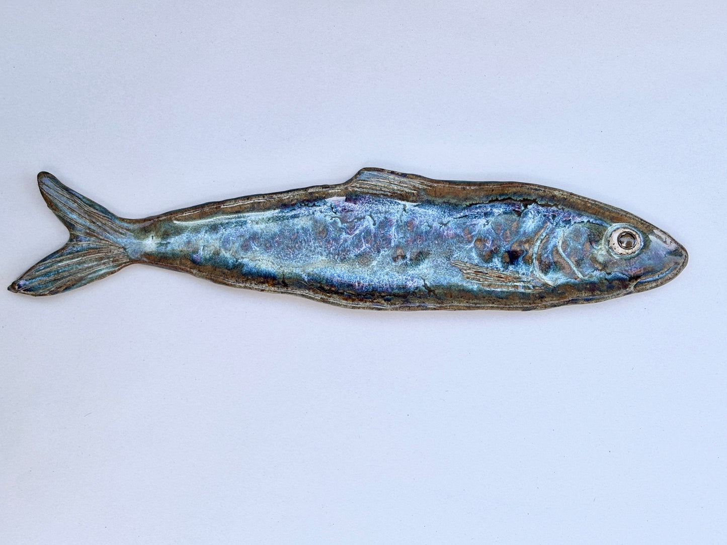 Large Ceramic Sardine Dish Heidi Duran Consignment Blue -facing right