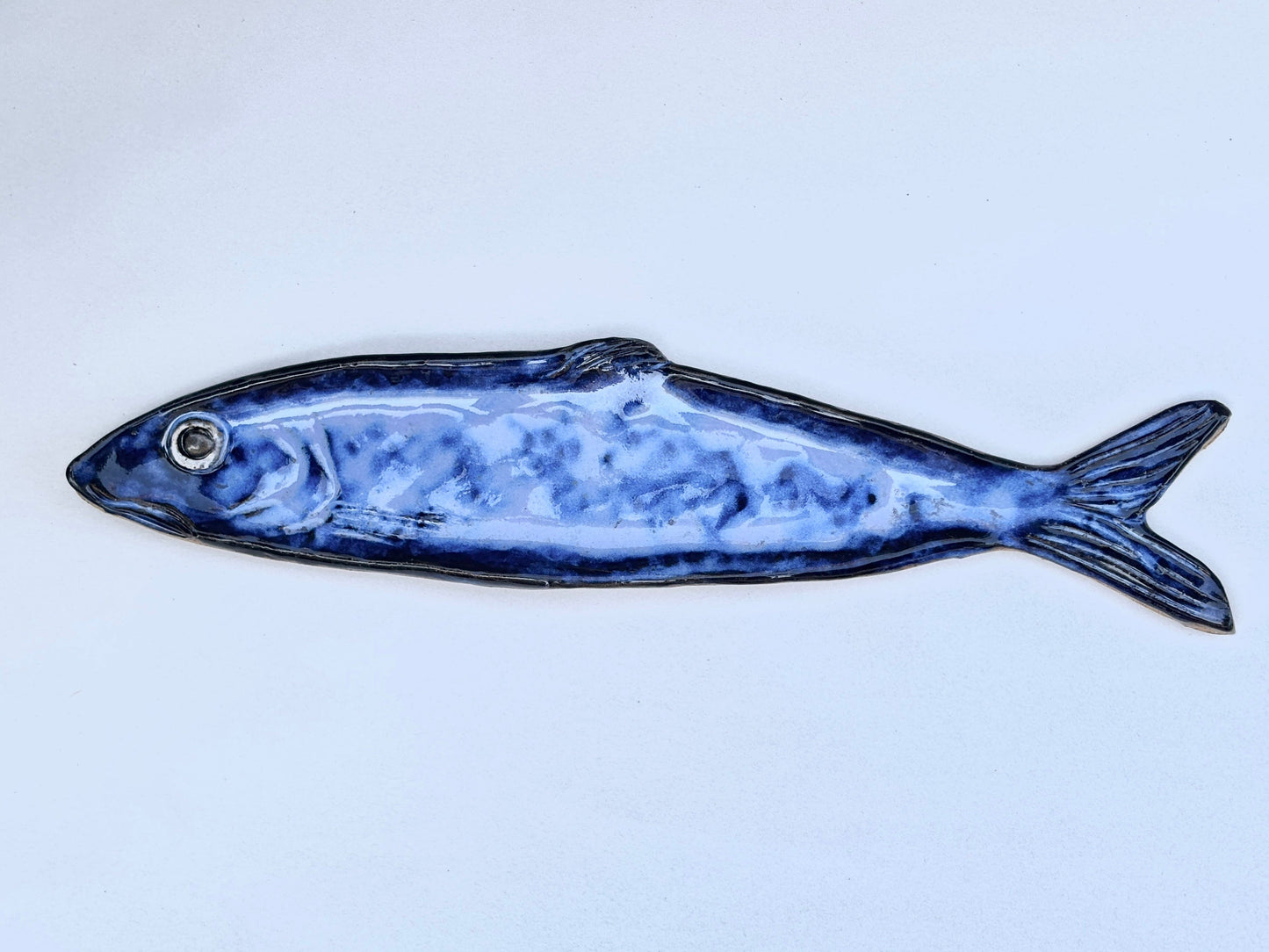 Large Ceramic Sardine Dish Heidi Duran Consignment Midnight Blue - facing left