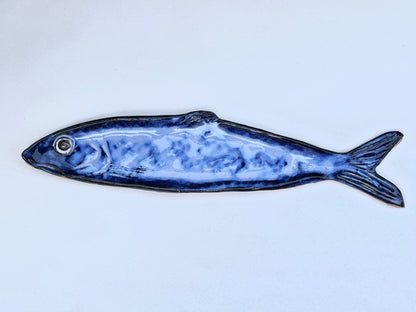 Large Ceramic Sardine Dish Heidi Duran Consignment Midnight Blue - facing left