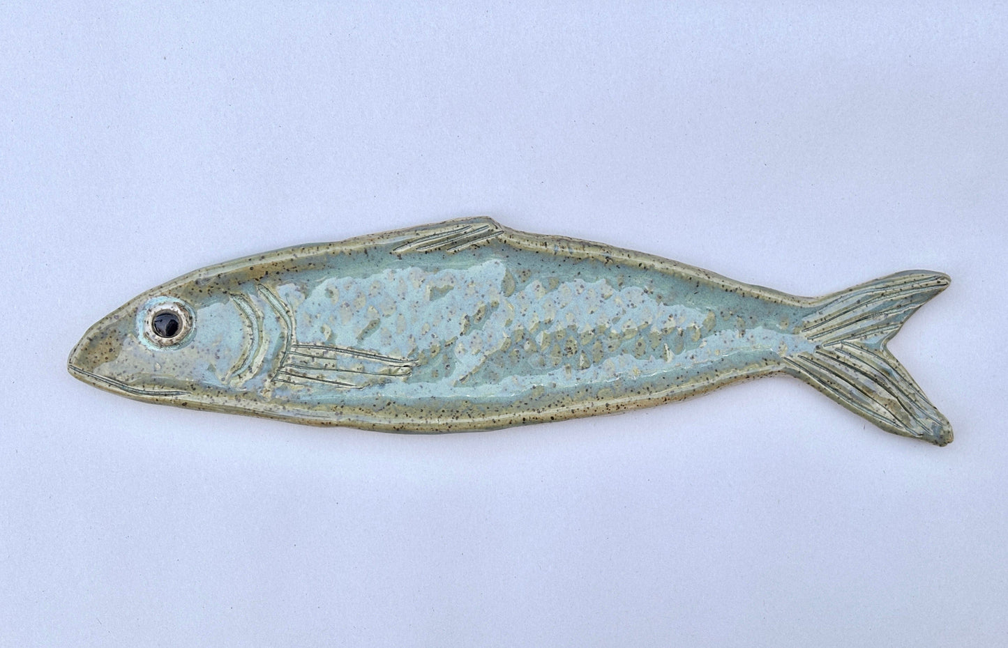 Large Ceramic Sardine Dishes Heidi Duran Consignment Aqua-Green: facing left