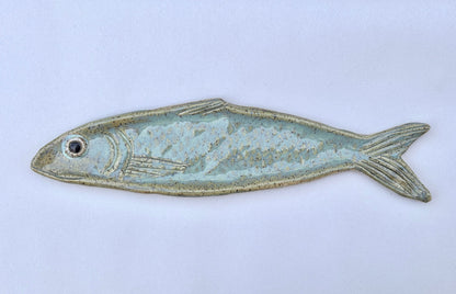 Large Ceramic Sardine Dishes Heidi Duran Consignment Aqua-Green: facing left