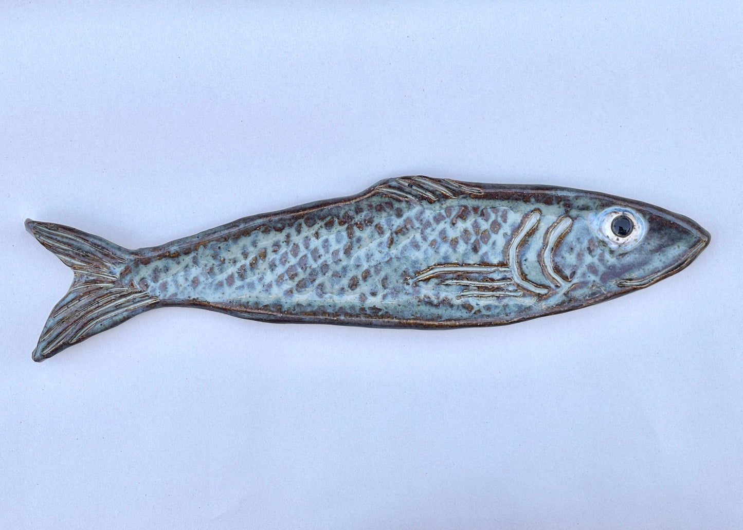 Large Ceramic Sardine Dishes Heidi Duran Consignment Sky-Blue/Earth tone: facing right