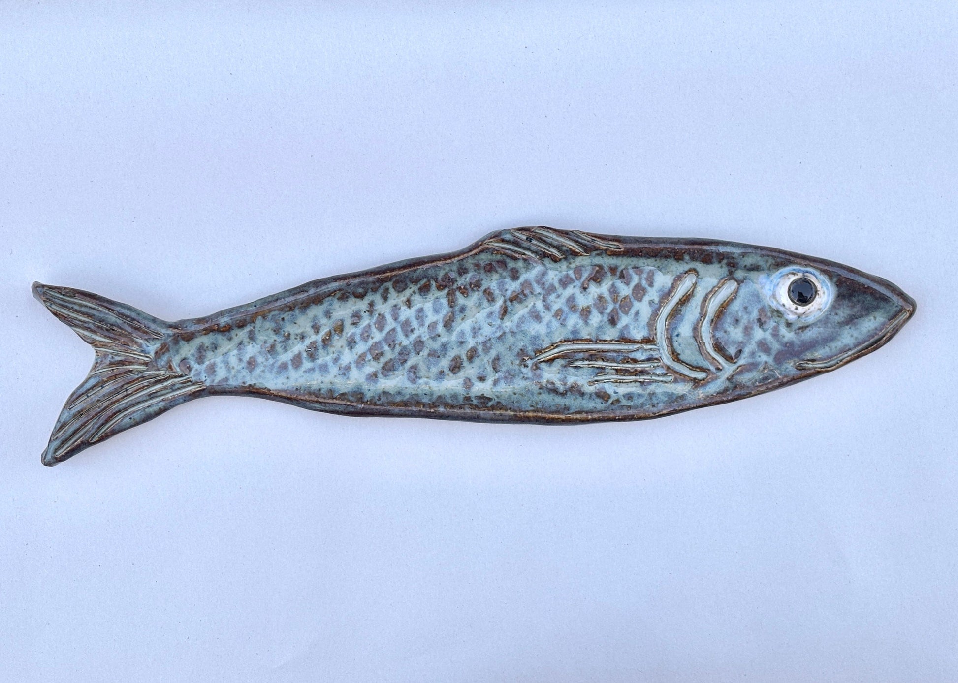 Large Ceramic Sardine Dishes Heidi Duran Consignment Sky-Blue/Earth tone: facing right