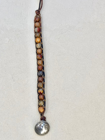 Large - Semi-precious Stone Leather Bracelets Heidi Duran Inventory Carved Jade and Jasper