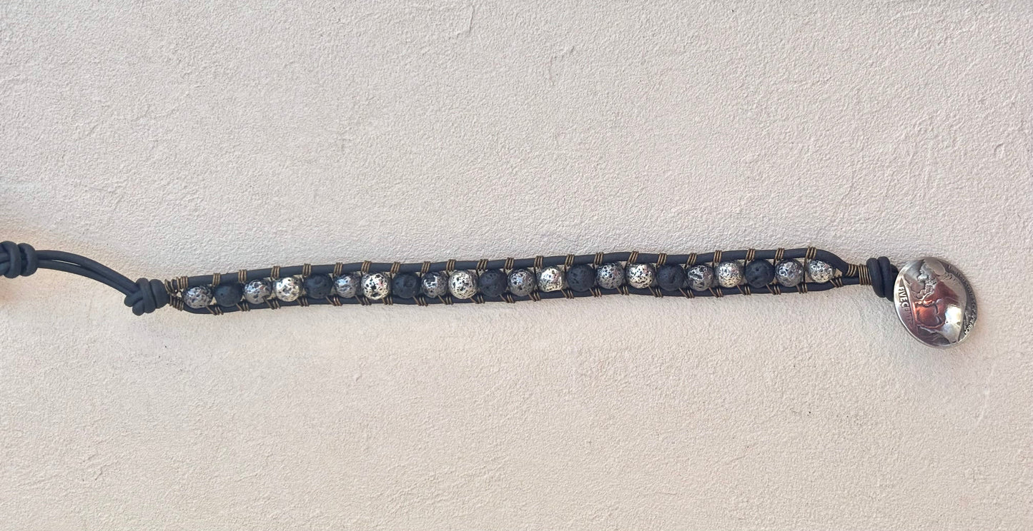 Large - Semi-precious Stone Leather Bracelets Heidi Duran Inventory Pyrite and Lava