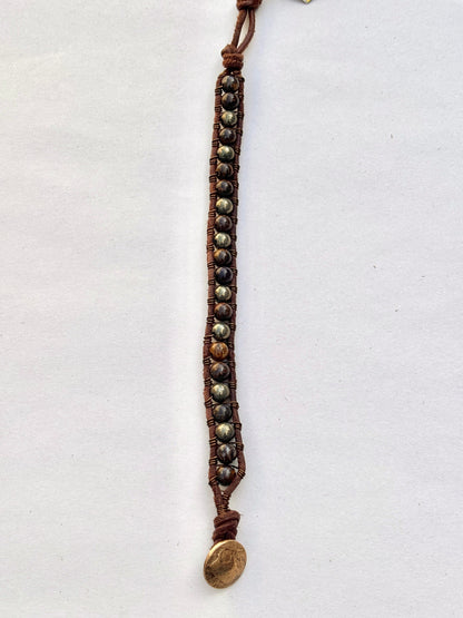Large - Semi-precious Stone Leather Bracelets Heidi Duran Inventory Pyrite & Bronzite