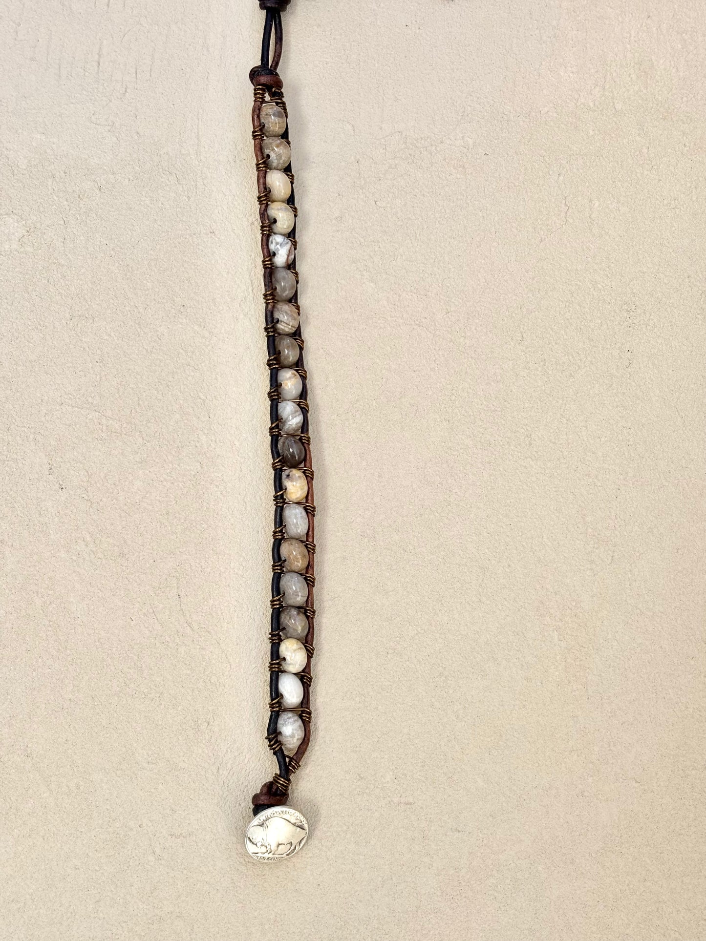 Large - Semi-precious Stone Leather Bracelets Heidi Duran Inventory Silver Jasper