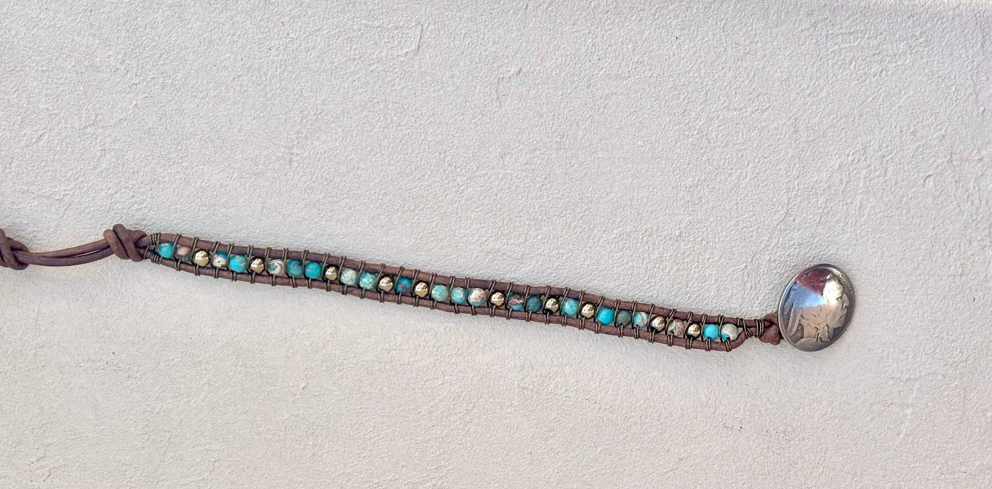 Large - Semi-precious Stone Leather Bracelets Heidi Duran Inventory Turquoise and Pyrite