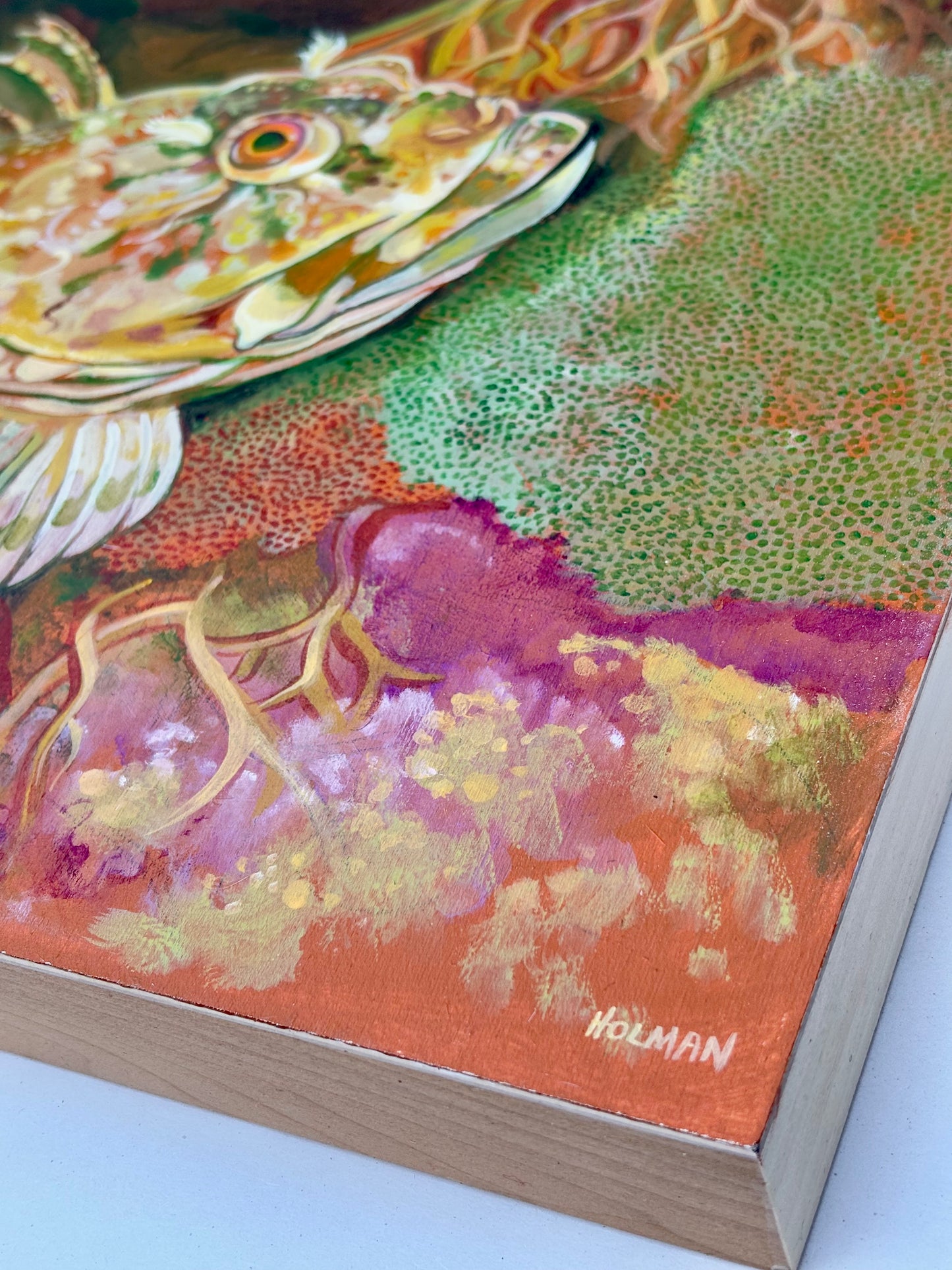 "Male Cabezon Guarding Eggs" Original Acrylic Painting on Wooden Panel Stephen Holman Consignment