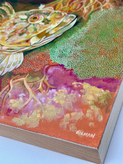 "Male Cabezon Guarding Eggs" Original Acrylic Painting on Wooden Panel Stephen Holman Consignment