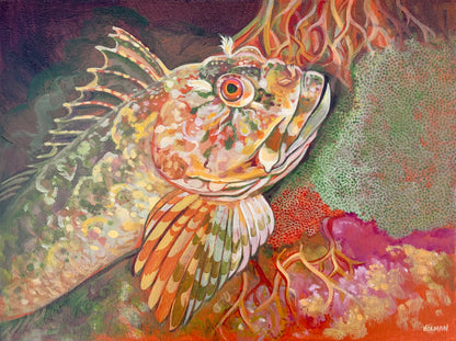 "Male Cabezon Guarding Eggs" Original Acrylic Painting on Wooden Panel Stephen Holman Consignment