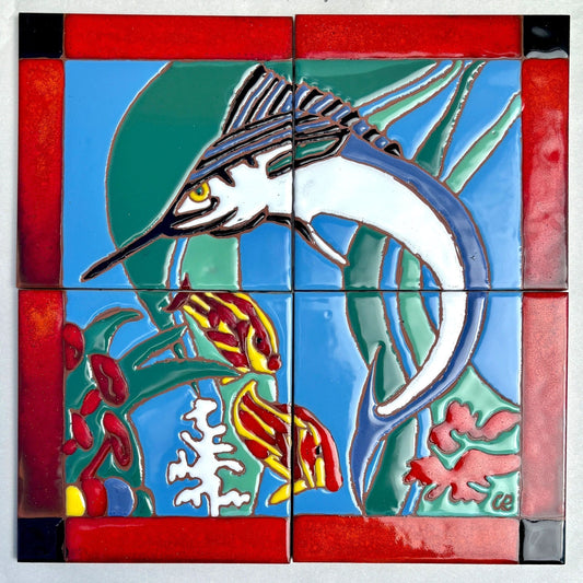 "Marlin" Tile Set Chris R Consignment 12" x 12" ( with red border)