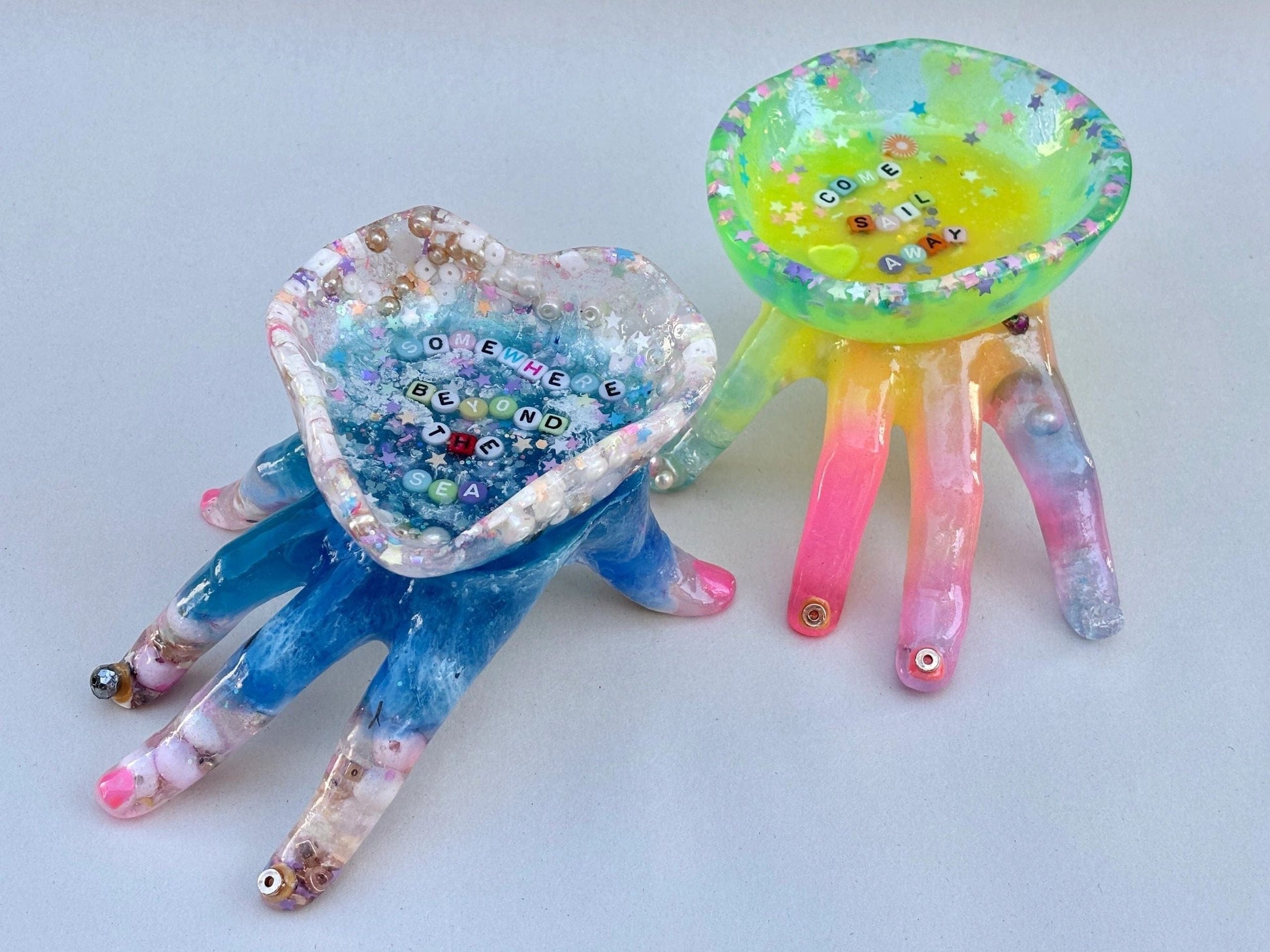 "Mermaid Feels" Resin Hand Sculpture Dishes with Ocean Quotes Andrea Forbush Consignment