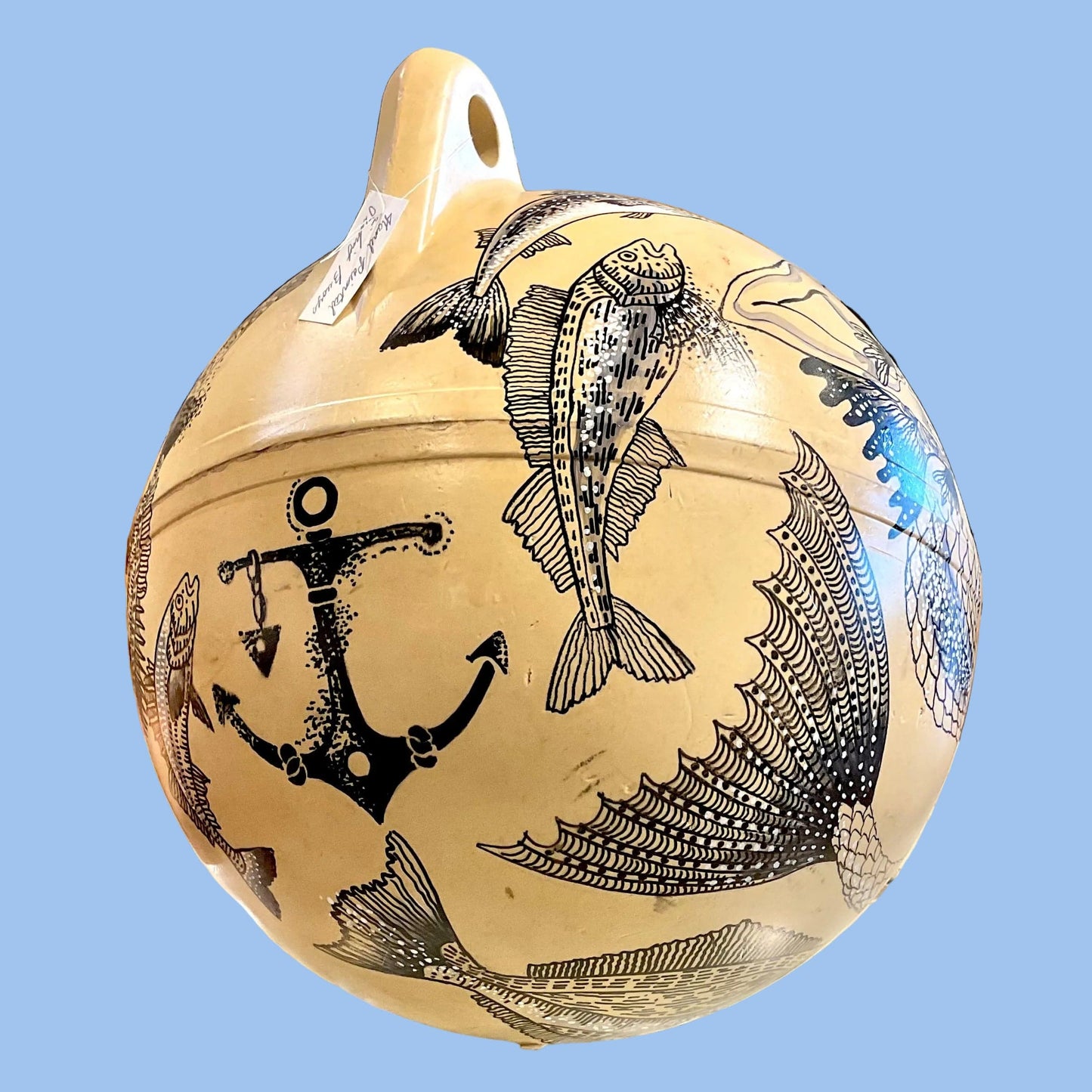 "Mermaid & Rockfish" Pale Yellow Salvaged Buoy 12" Magdalena Consignment