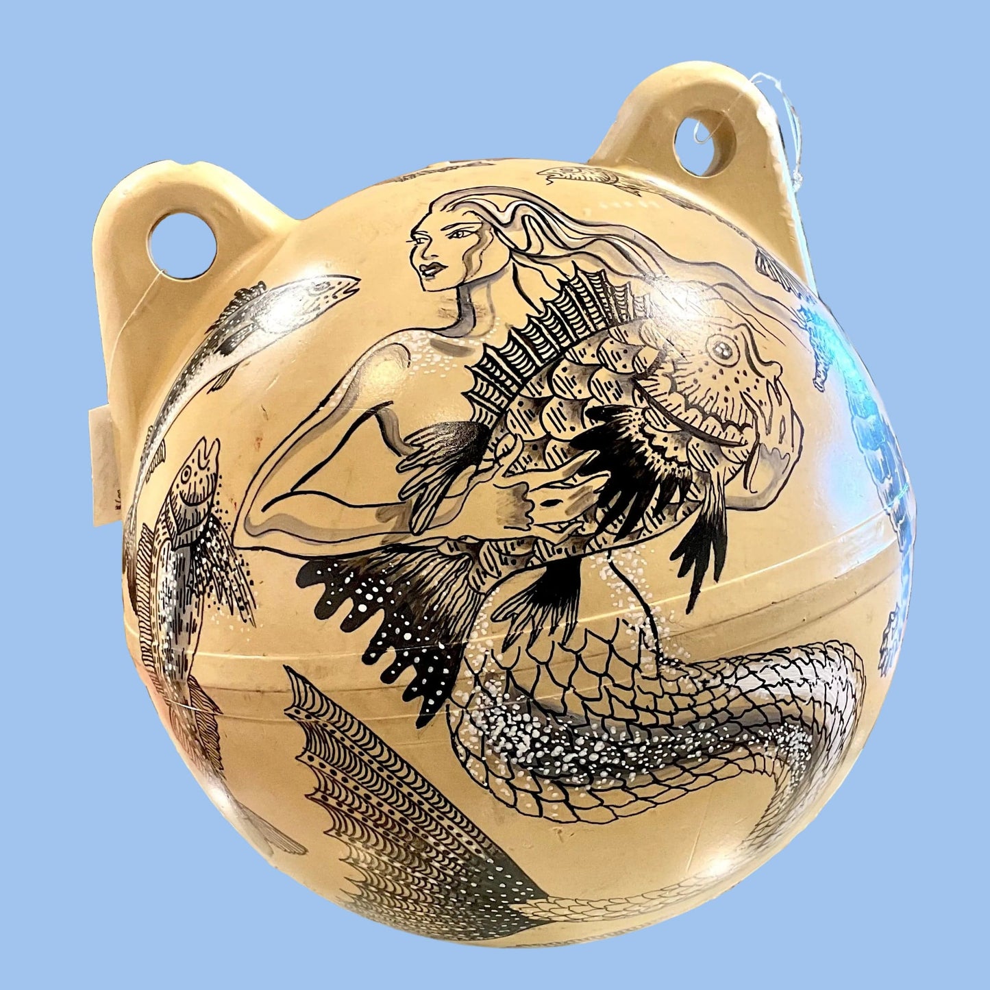 "Mermaid & Rockfish" Pale Yellow Salvaged Buoy 12" Magdalena Consignment