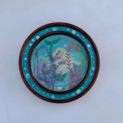 "Mermaid's Garden" Hand Turned Wood Resin Painting Laughing Moon Inventory Mermaid with garibaldis