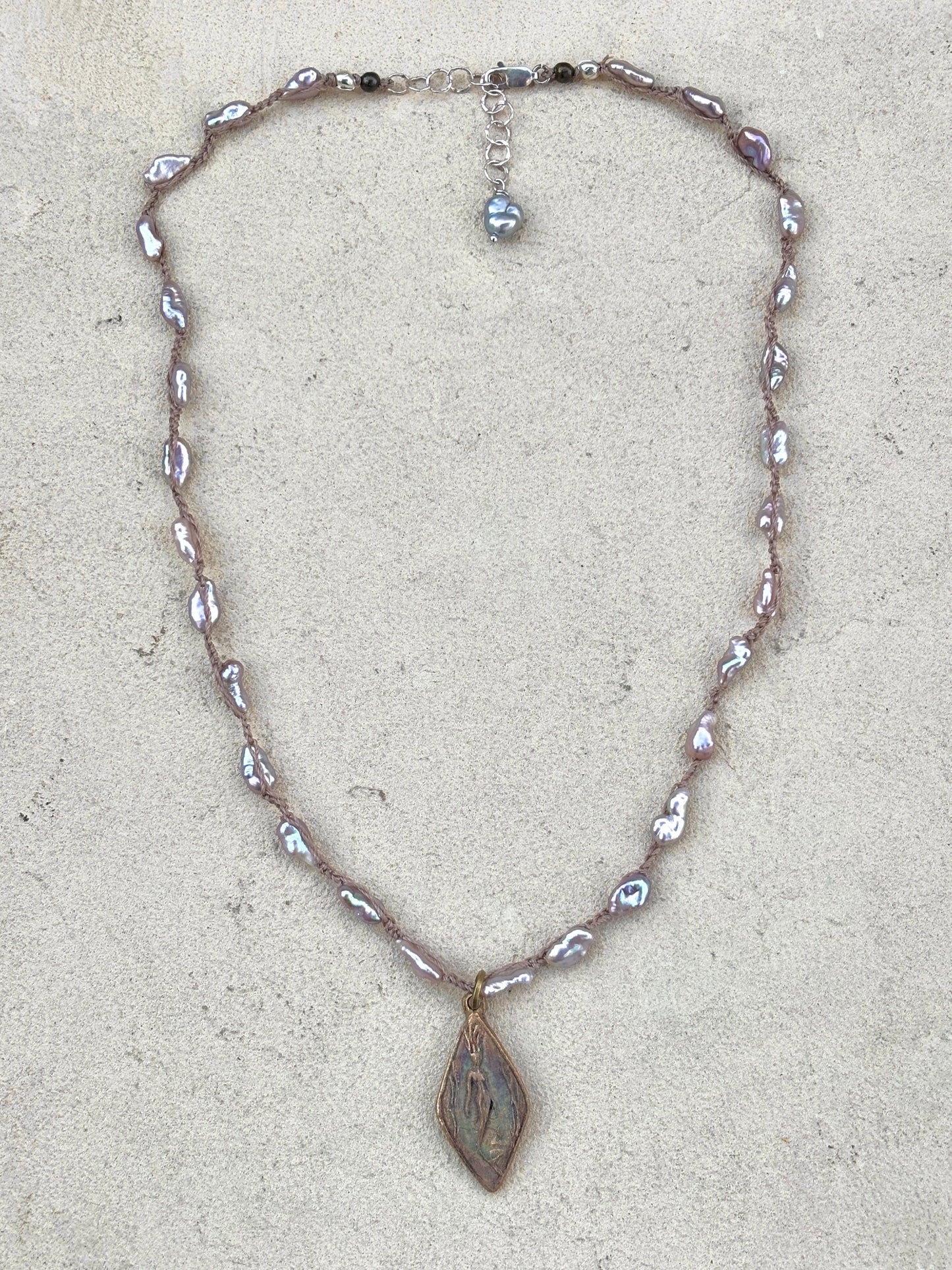 Mini Bronze Casino Mermaid on Short Beaded Necklace Heidi Duran Inventory Keshi Lilac Pearls