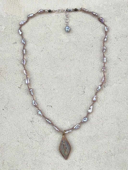 Mini Bronze Casino Mermaid on Short Beaded Necklace Heidi Duran Inventory Keshi Lilac Pearls