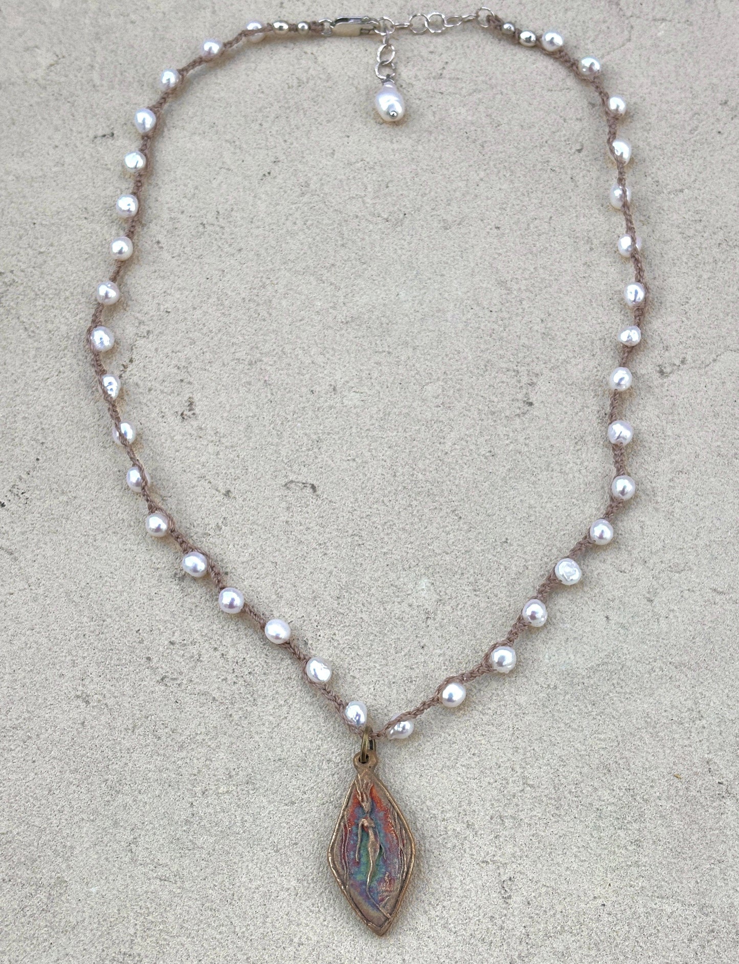 Mini Bronze Casino Mermaid on Short Beaded Necklace Heidi Duran Inventory Small White Round Pearls
