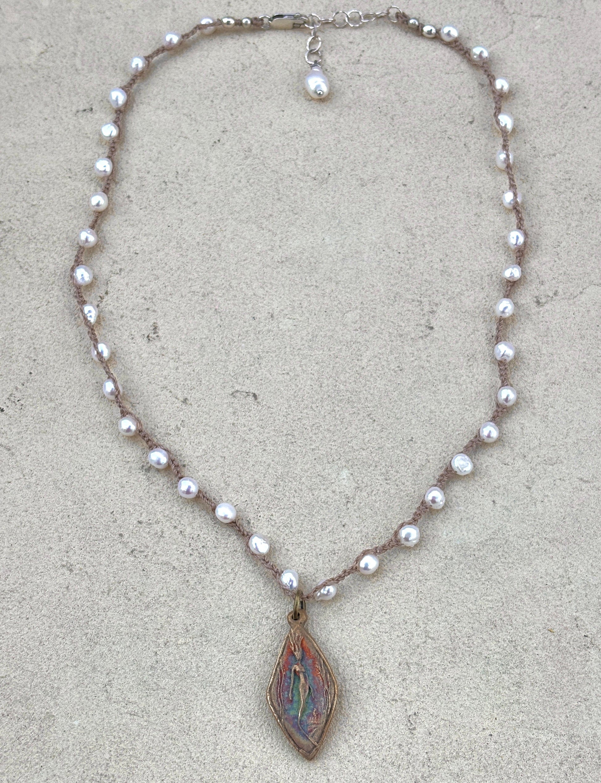 Mini Bronze Casino Mermaid on Short Beaded Necklace Heidi Duran Inventory Small White Round Pearls
