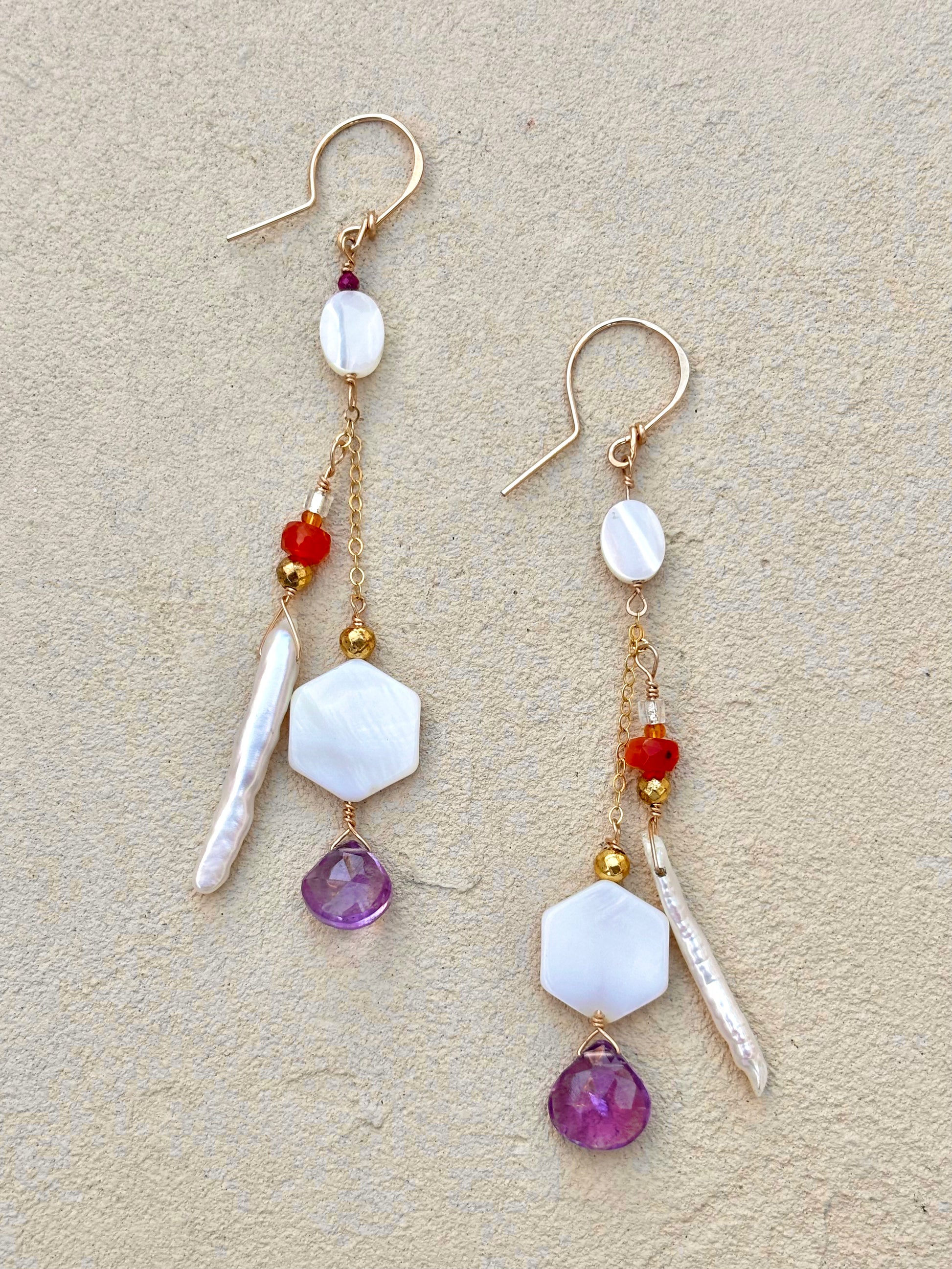 Mother of Pearl, Amethyst and Carnelian 14K GF Earrings Elise Peters Inventory