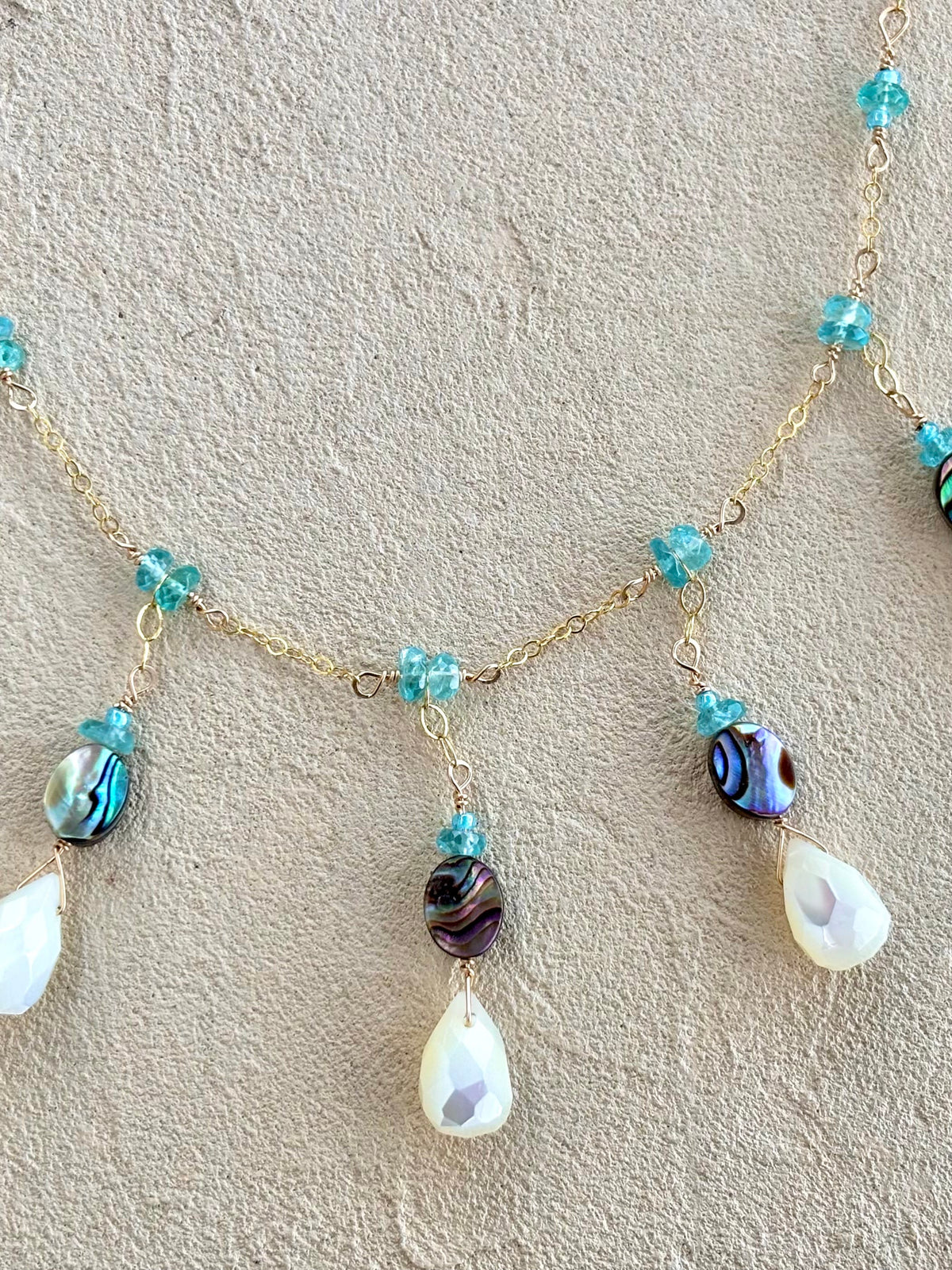 Mother of Pearl and Abalone Teardrop Necklace with Aquamarine Elise Peters Inventory